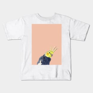 Cockatiel Watercolor Illustration with a coral background Kids T-Shirt